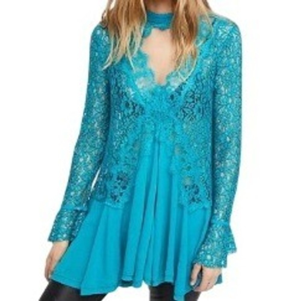 Free People Secret Origin Tell Tale Lace Tunic Dress Mock‎ Neck Size XS